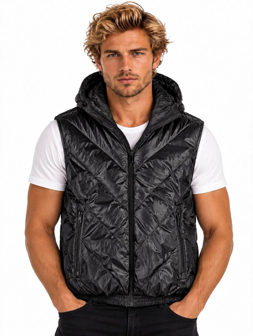 Armani Exchange A|X Black Hooded Puffer Vest Quilted XL